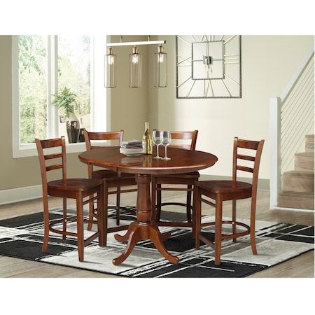 International Concepts 36 in. Round Extension Dining Table with 4 Emily Counter Height Stools - 5 Piece Set K581-36RXT-S6172-4
